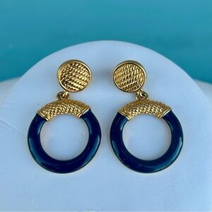Vintage Anne Klein ©AK Gold Tone Navy Blue Enamel Door Knocker Earrings